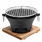 Portable Charcoal Grill Mini Tabletop BBQ Cast Iron Body Stainless Steel Removable Grill Net Heat-Resistant Wooden Base Silver Carry Rings Outdoor Picnic and Backyard Cooking