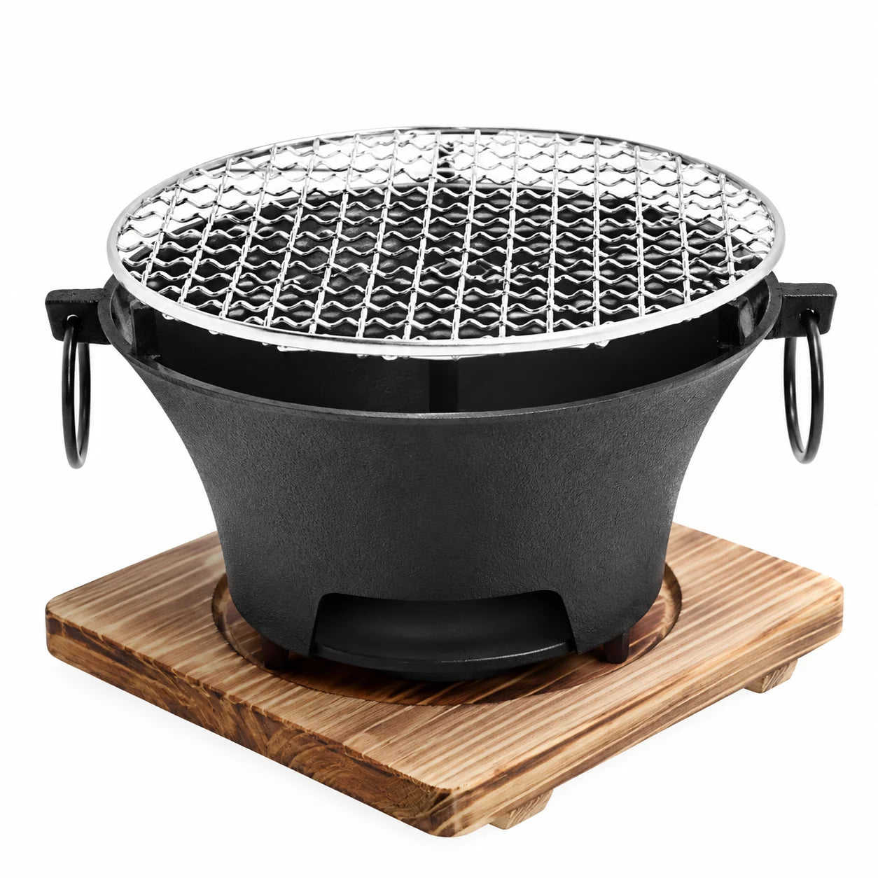 Portable Charcoal Grill Mini Tabletop BBQ Cast Iron Body Stainless Steel Removable Grill Net Heat-Resistant Wooden Base Silver Carry Rings Outdoor Picnic and Backyard Cooking