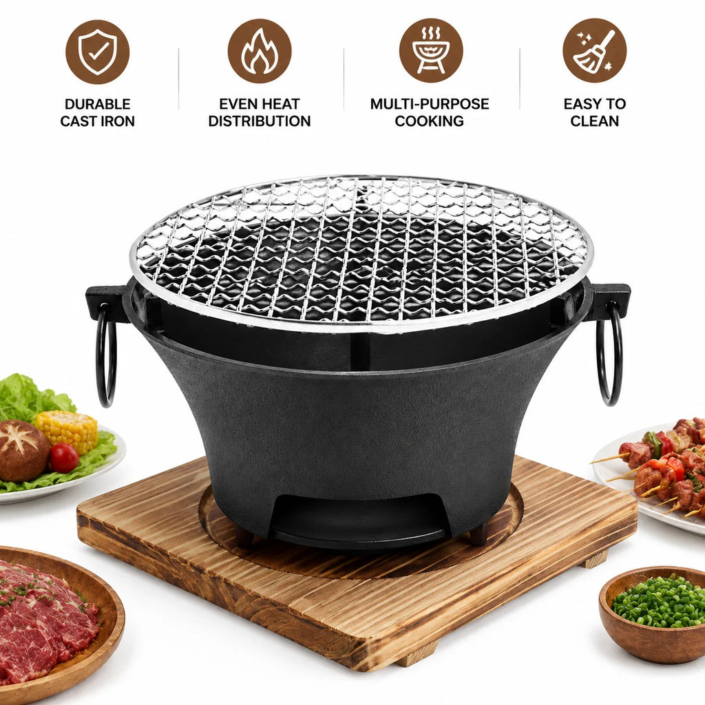 Portable Charcoal Grill Mini Tabletop BBQ Cast Iron Body Stainless Steel Removable Grill Net Heat-Resistant Wooden Base Silver Carry Rings Outdoor Picnic and Backyard Cooking