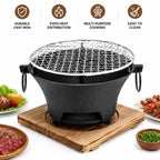 Portable Charcoal Grill Mini Tabletop BBQ Cast Iron Body Stainless Steel Removable Grill Net Heat-Resistant Wooden Base Silver Carry Rings Outdoor Picnic and Backyard Cooking