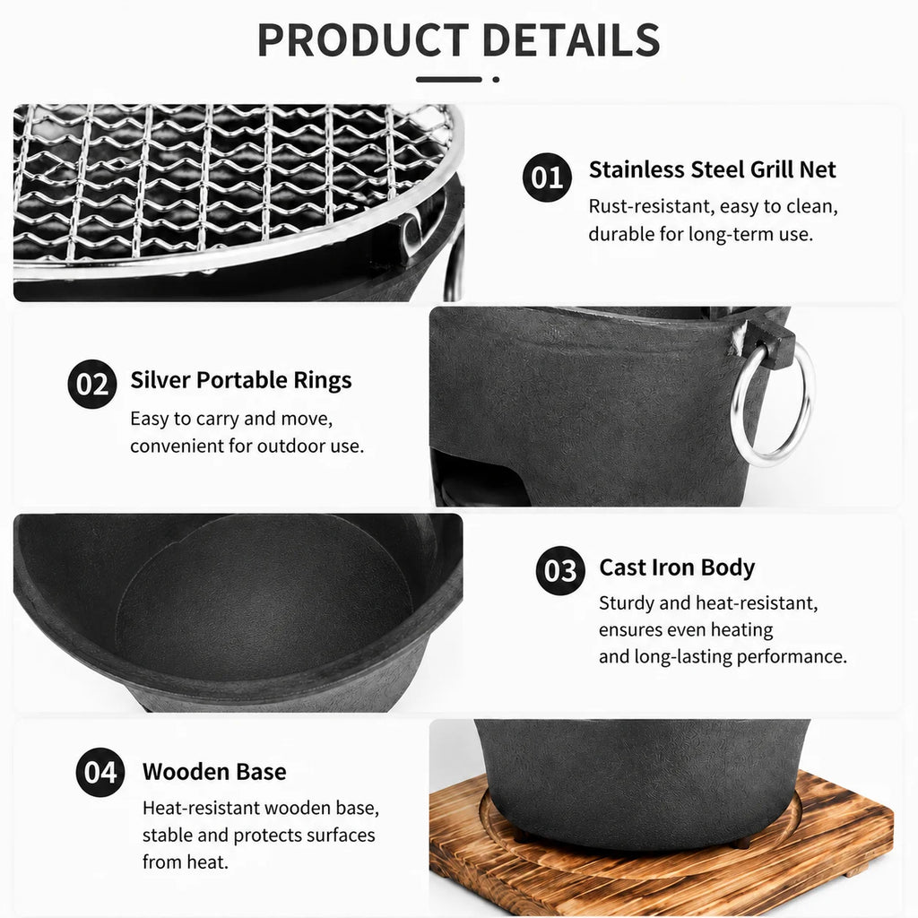 Portable Charcoal Grill Mini Tabletop BBQ Cast Iron Body Stainless Steel Removable Grill Net Heat-Resistant Wooden Base Silver Carry Rings Outdoor Picnic and Backyard Cooking
