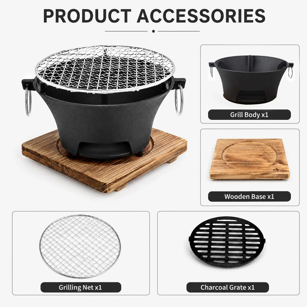 Portable Charcoal Grill Mini Tabletop BBQ Cast Iron Body Stainless Steel Removable Grill Net Heat-Resistant Wooden Base Silver Carry Rings Outdoor Picnic and Backyard Cooking