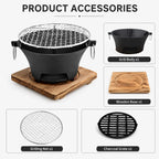 Portable Charcoal Grill Mini Tabletop BBQ Cast Iron Body Stainless Steel Removable Grill Net Heat-Resistant Wooden Base Silver Carry Rings Outdoor Picnic and Backyard Cooking
