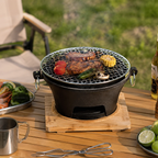 Portable Charcoal Grill Mini Tabletop BBQ Cast Iron Body Stainless Steel Removable Grill Net Heat-Resistant Wooden Base Silver Carry Rings Outdoor Picnic and Backyard Cooking