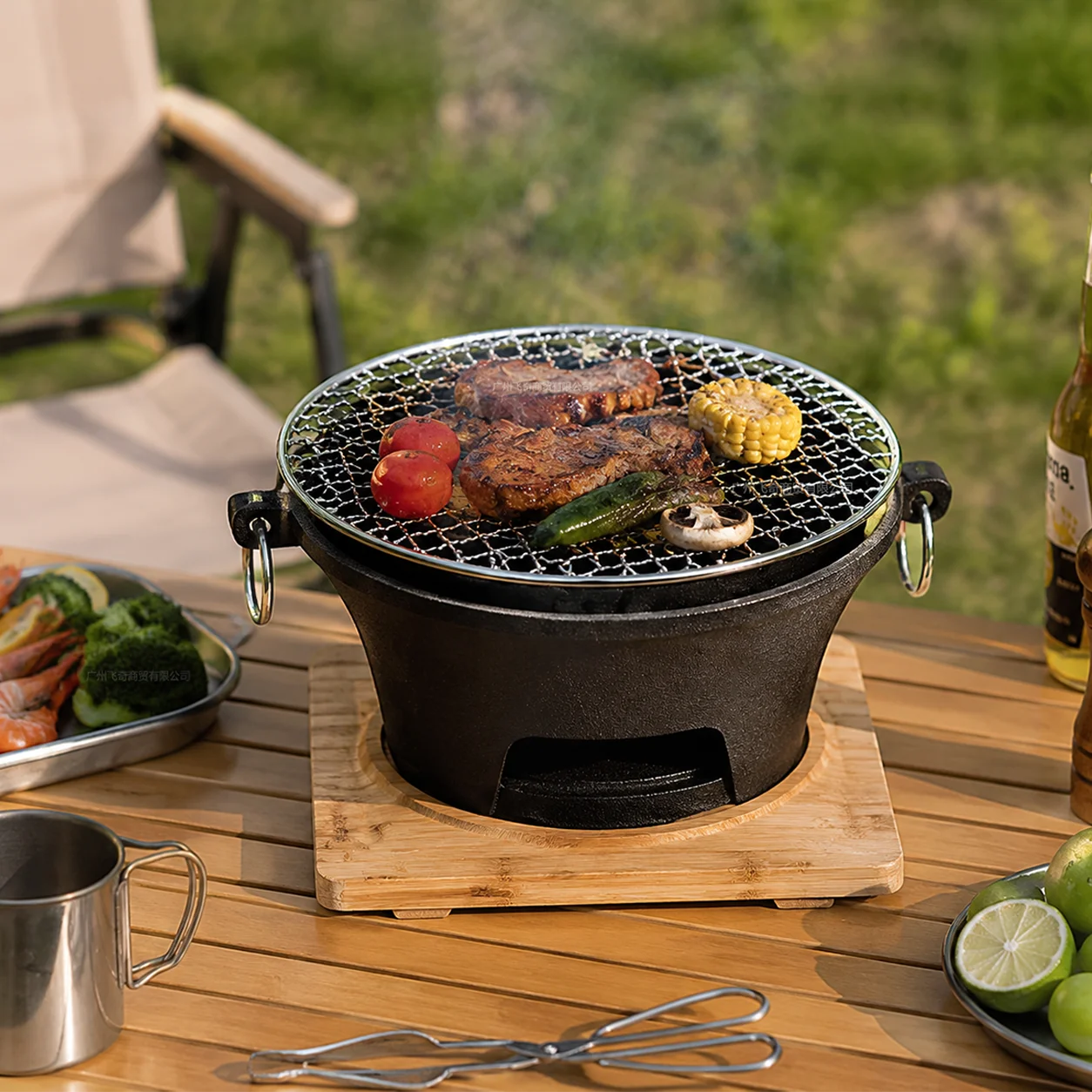 Portable Charcoal Grill Mini Tabletop BBQ Cast Iron Body Stainless Steel Removable Grill Net Heat-Resistant Wooden Base Silver Carry Rings Outdoor Picnic and Backyard Cooking