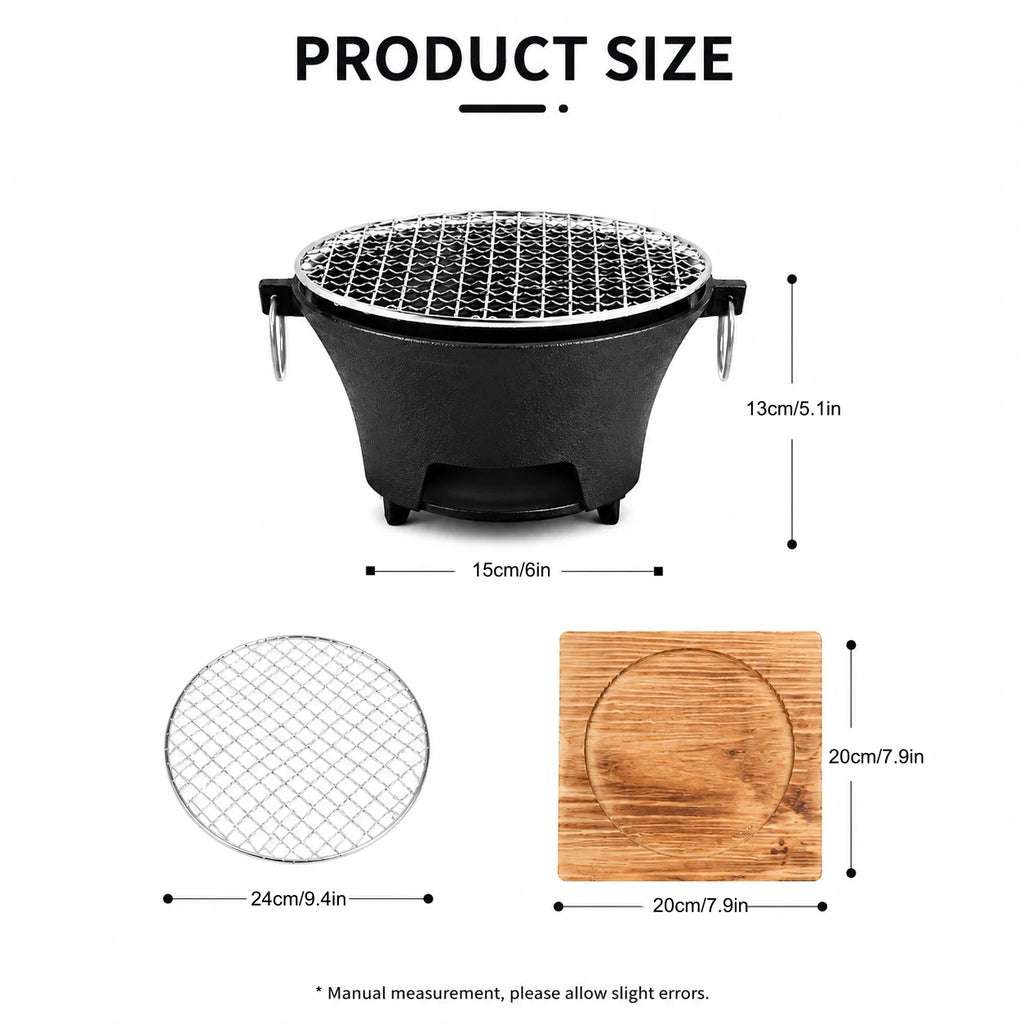 Portable Charcoal Grill Mini Tabletop BBQ Cast Iron Body Stainless Steel Removable Grill Net Heat-Resistant Wooden Base Silver Carry Rings Outdoor Picnic and Backyard Cooking