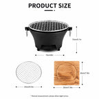 Portable Charcoal Grill Mini Tabletop BBQ Cast Iron Body Stainless Steel Removable Grill Net Heat-Resistant Wooden Base Silver Carry Rings Outdoor Picnic and Backyard Cooking