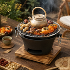Portable Charcoal Grill Mini Tabletop BBQ Cast Iron Body Stainless Steel Removable Grill Net Heat-Resistant Wooden Base Silver Carry Rings Outdoor Picnic and Backyard Cooking