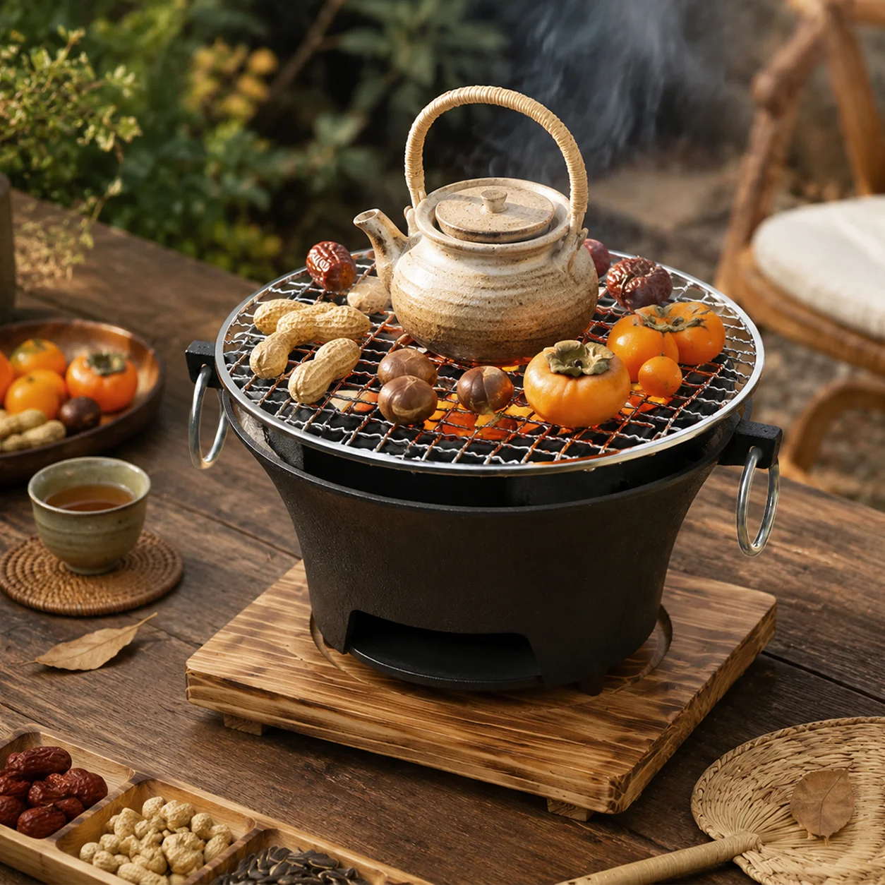 Portable Charcoal Grill Mini Tabletop BBQ Cast Iron Body Stainless Steel Removable Grill Net Heat-Resistant Wooden Base Silver Carry Rings Outdoor Picnic and Backyard Cooking