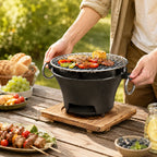 Portable Charcoal Grill Mini Tabletop BBQ Cast Iron Body Stainless Steel Removable Grill Net Heat-Resistant Wooden Base Silver Carry Rings Outdoor Picnic and Backyard Cooking