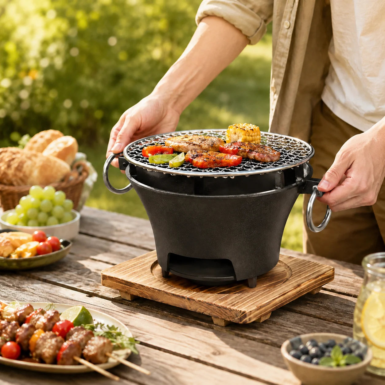 Portable Charcoal Grill Mini Tabletop BBQ Cast Iron Body Stainless Steel Removable Grill Net Heat-Resistant Wooden Base Silver Carry Rings Outdoor Picnic and Backyard Cooking