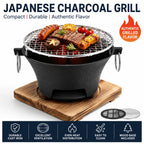 Portable Charcoal Grill Mini Tabletop BBQ Cast Iron Body Stainless Steel Removable Grill Net Heat-Resistant Wooden Base Silver Carry Rings Outdoor Picnic and Backyard Cooking