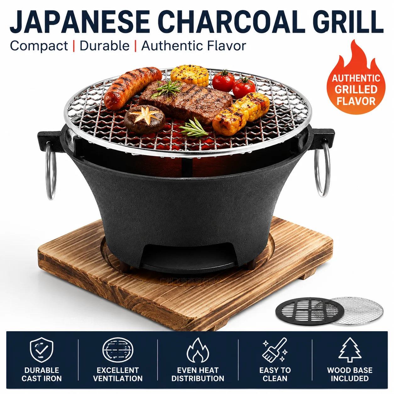 Portable Charcoal Grill Mini Tabletop BBQ Cast Iron Body Stainless Steel Removable Grill Net Heat-Resistant Wooden Base Silver Carry Rings Outdoor Picnic and Backyard Cooking