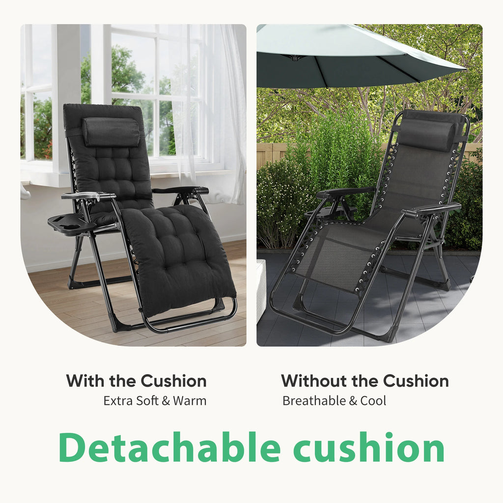 Zero Gravity Recliner Chair – Folding Portable Lounge for Camping, Patio & Outdoor Garden with Cup Holder Tray & Removable Cushion