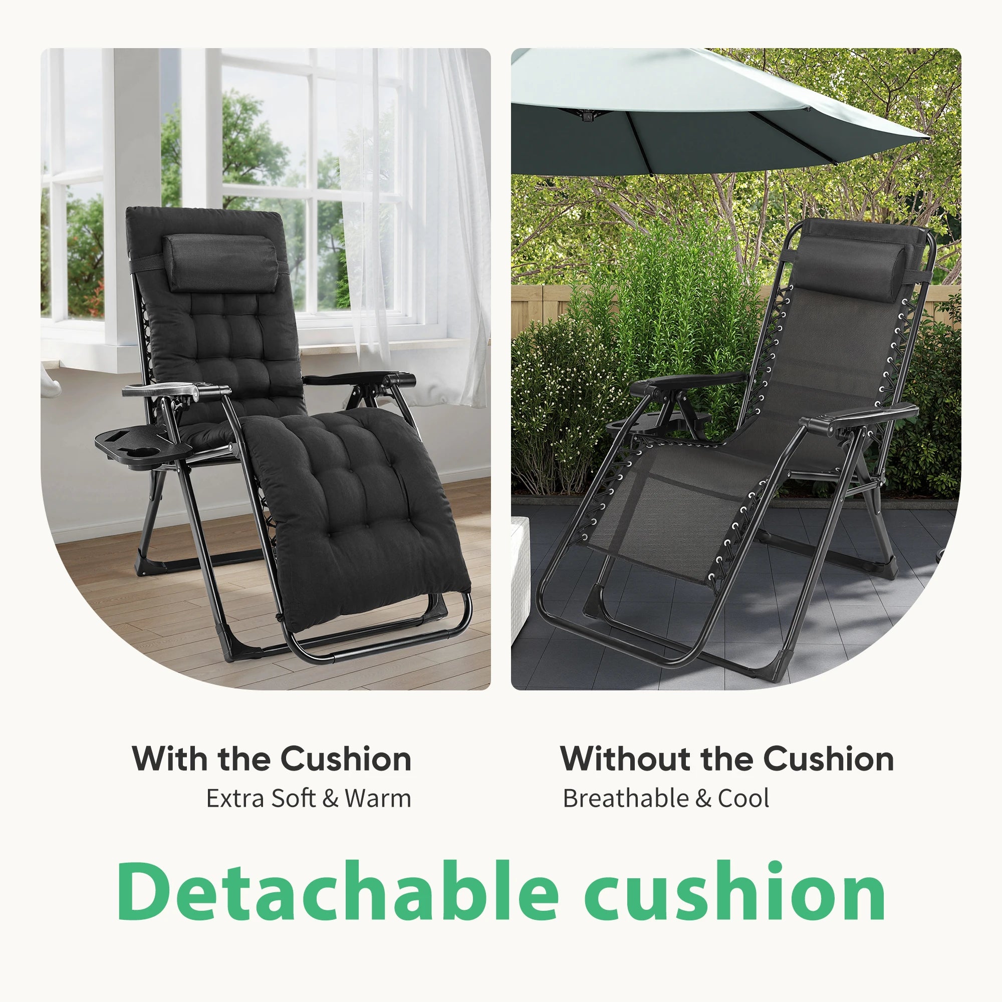 Zero Gravity Recliner Chair – Folding Portable Lounge for Camping, Patio & Outdoor Garden with Cup Holder Tray & Removable Cushion