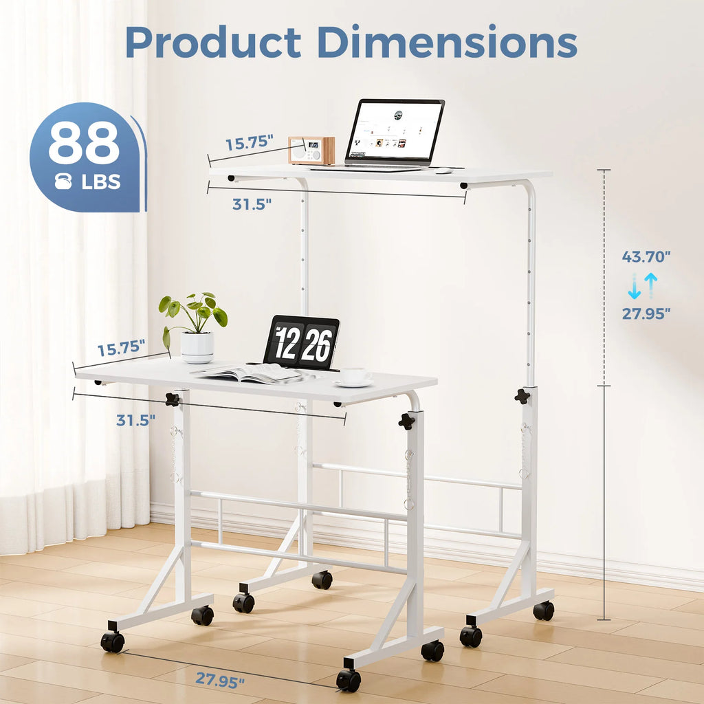 Adjustable Height Mobile Desk with Locking Wheels & Pin-Lock Portable Heavy-Duty Computer Desk Laptop Workstation for Walking Pad Treadmill Home Office