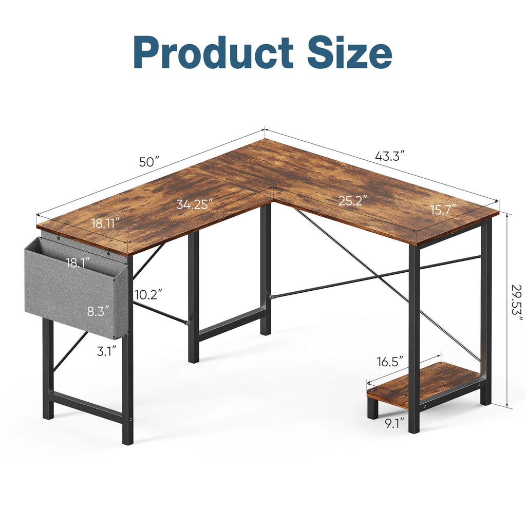 Gaming Corner 50 Inch Office Writing PC Wooden Table with CPU Storage Shelf & Side Bag for Home Office Bedroom
