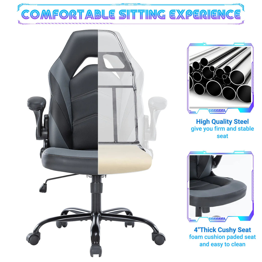 Ergonomic Office Computer Home Gaming Desk Chair Adjustable PU Leather Racing Chair Flip-up Armrest