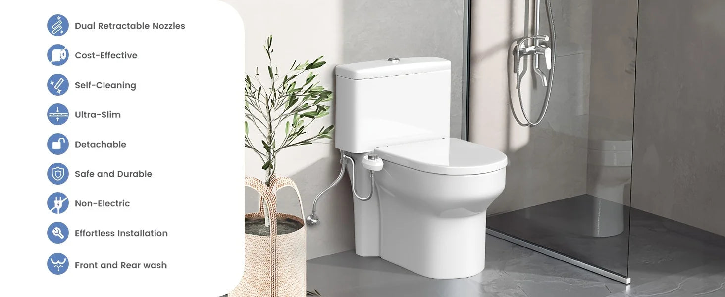 Ultra-Slim Bidet Attachment for Toilet – Non-Electric Dual Nozzle (Rear + Feminine Wash) with Adjustable Pressure, Self-Cleaning, Easy 10-Minute Install