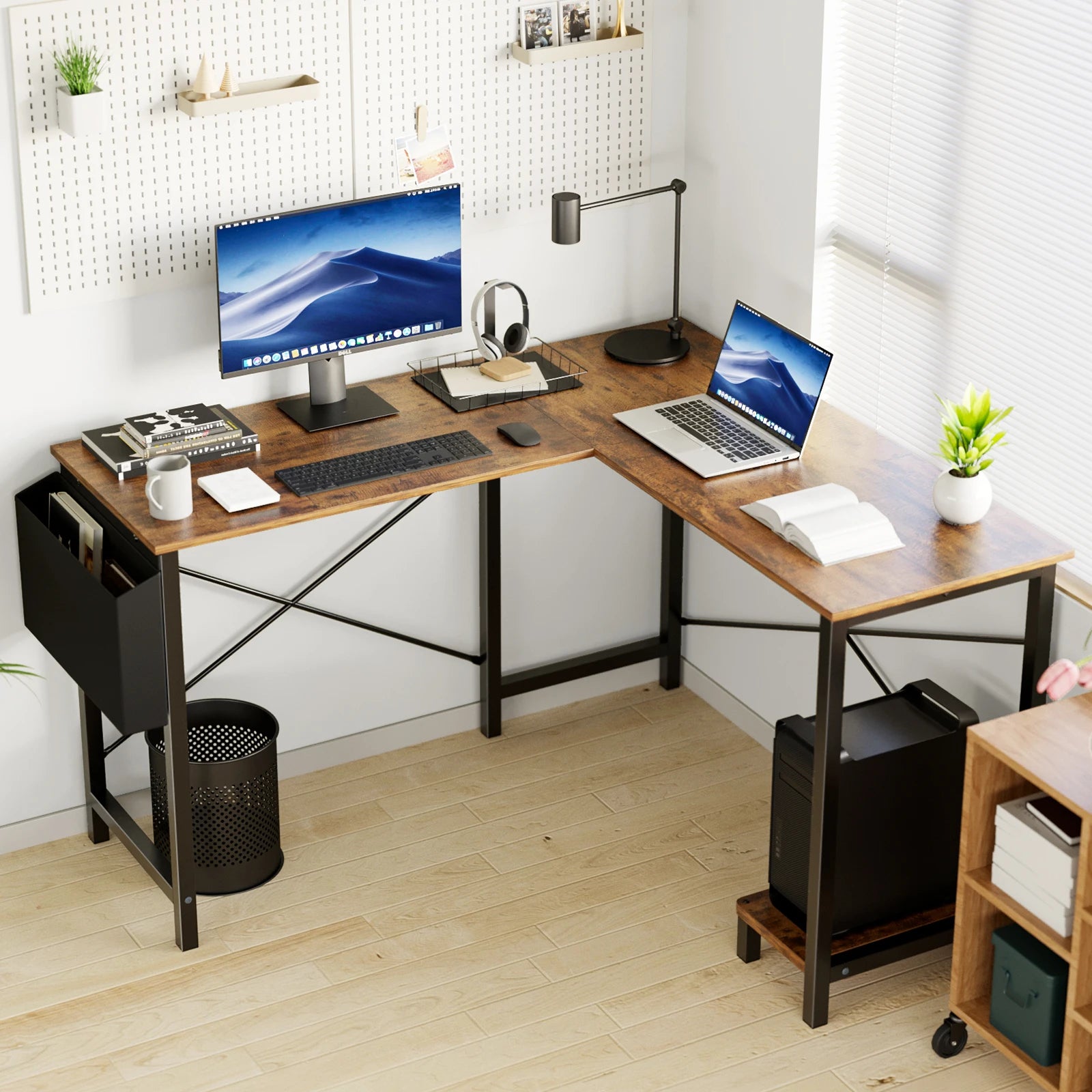 Gaming Corner 50 Inch Office Writing PC Wooden Table with CPU Storage Shelf & Side Bag for Home Office Bedroom
