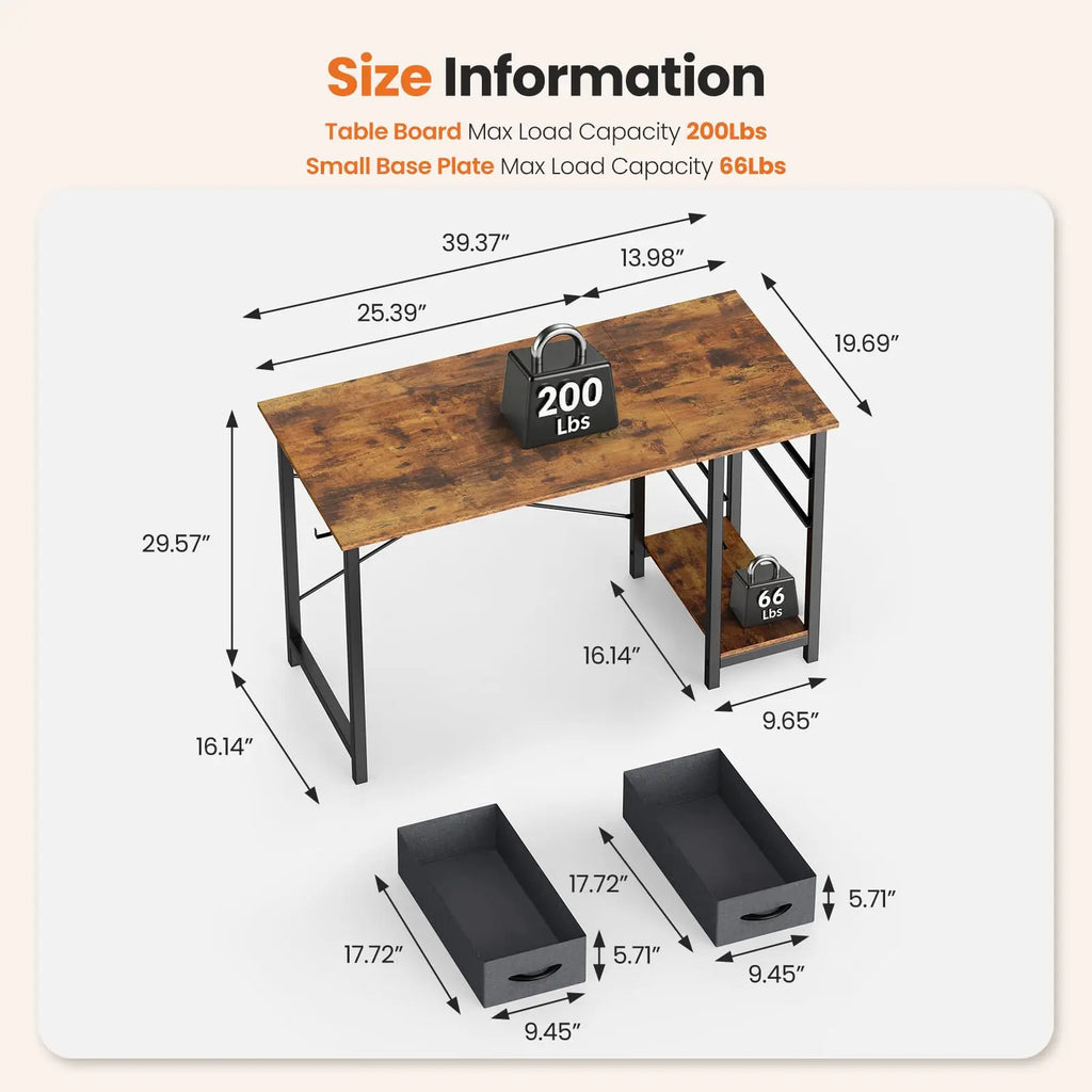 47IN Computer Desk with 2 Drawers For Study Office Gaming Wood Table with Adjustable Position Drawers Modern Work Table