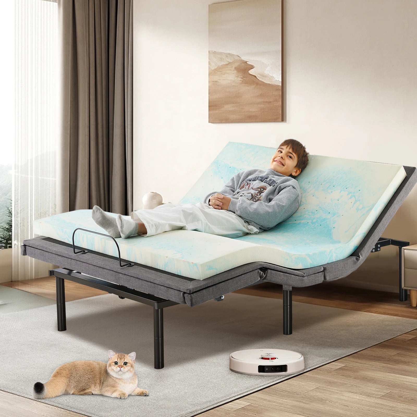 JHK Electric Queen Size Bed Ergonomic Adjustable Bed Frame with Wireless Remote Zero Gravity Bed with 2 USB Ports For Bed Room