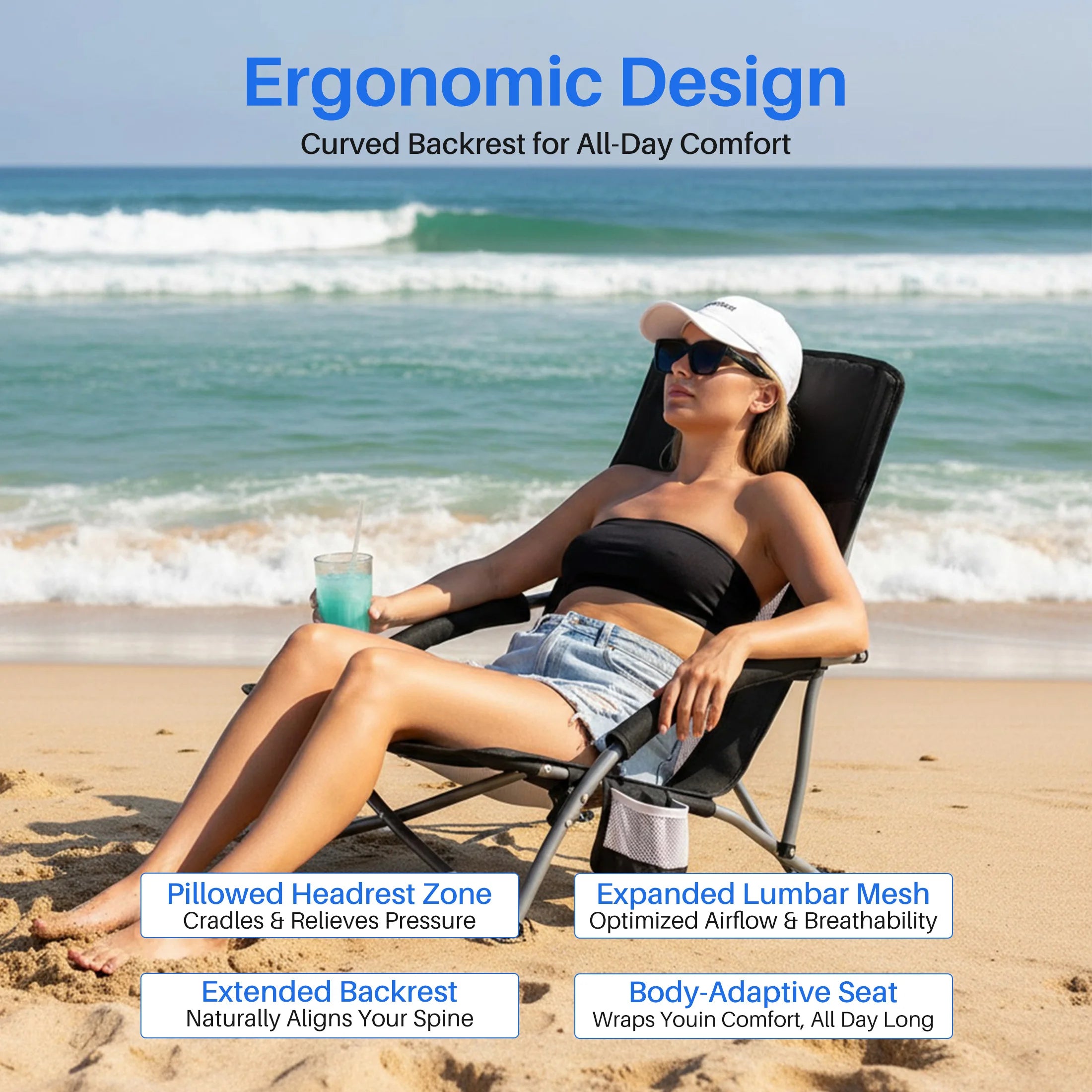 Portable Lightweight Low Camping Beach Chair Mesh Back Padded Armrests Folding Beach Chair with Cup Holder Storage Pocket for Camp Picnic Lawn