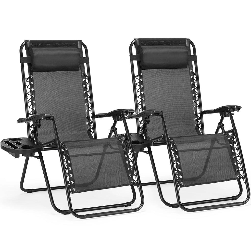 Set of 2 Zero Gravity Recliner Chair – Folding Portable Lounge for Camping, Patio & Outdoor Garden with Cup Holder Tray & Removable Cushion