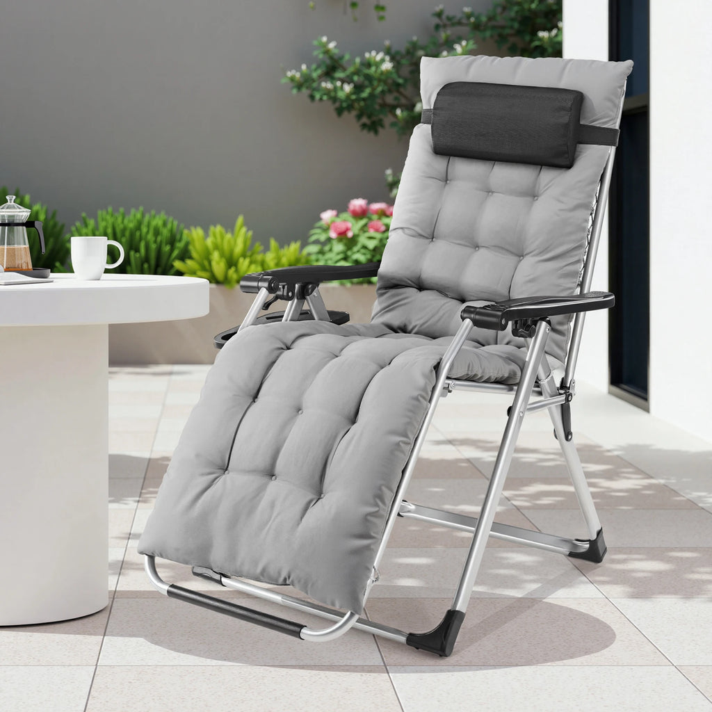 Zero Gravity Recliner Chair – Folding Portable Lounge for Camping, Patio & Outdoor Garden with Cup Holder Tray & Removable Cushion