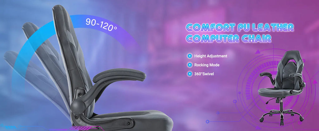 Ergonomic Office Computer Home Gaming Desk Chair Adjustable PU Leather Racing Chair Flip-up Armrest
