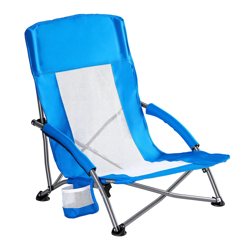 Portable Lightweight Low Camping Beach Chair Mesh Back Padded Armrests Folding Beach Chair with Cup Holder Storage Pocket for Camp Picnic Lawn