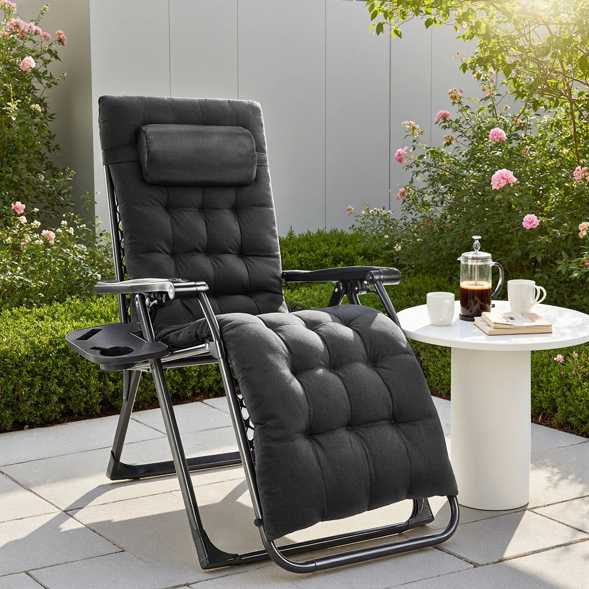 Zero Gravity Recliner Chair – Folding Portable Lounge for Camping, Patio & Outdoor Garden with Cup Holder Tray & Removable Cushion