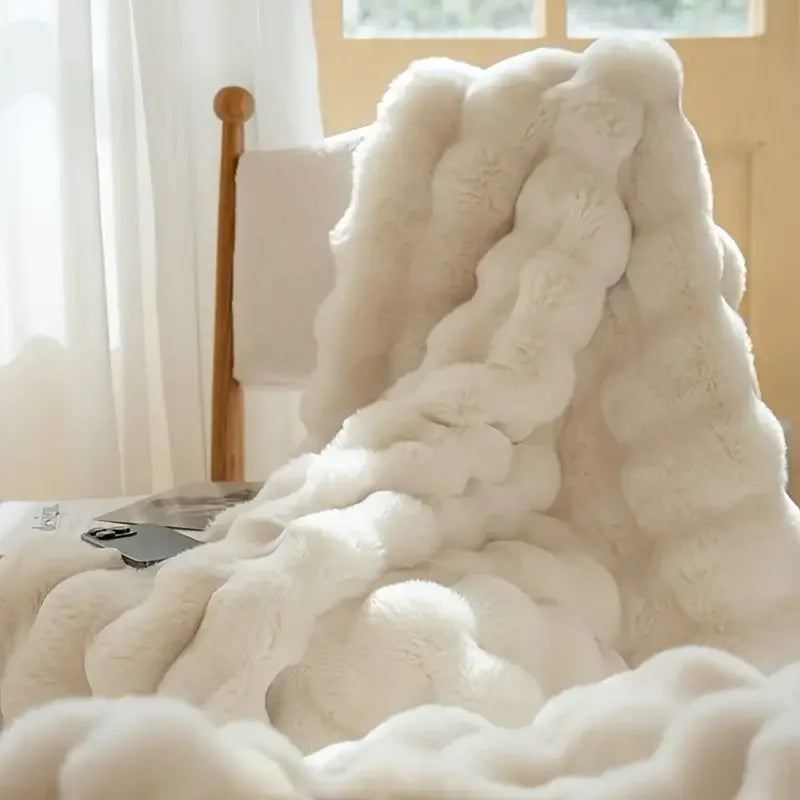 Bubble Fleece Blanket for Couch, Faux Rabbit Fur Throw Blanket, Soft Cozy Fluffy Decorative Blankets for Bed, Sofa