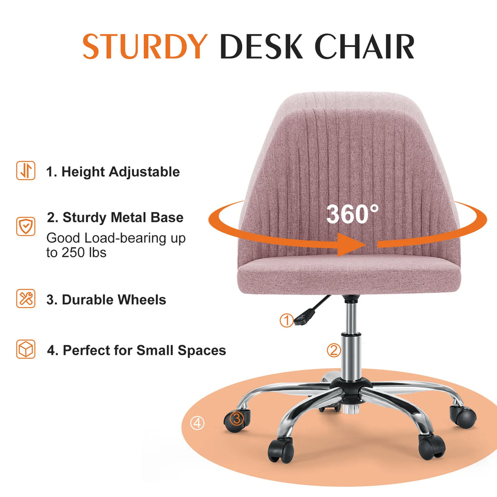 Armless Small Desk Office Chair Cute Vanity Swivel Chair with Back Modern Fabric with Wheels Swivel Task Home Gaming Chair