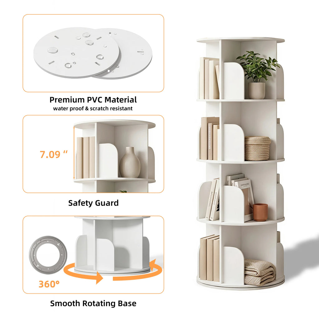 JHK 3-4 Tier Rotating Storage Bookshelf 360° Display Revolving Bookcase  Freestanding Vertical Corner Book Shelf for Bedroom Living Room