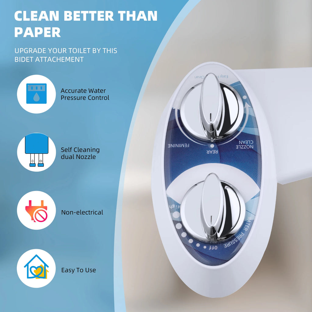 Dual Nozzle Bidet Attachment For Toilet - Non-electric Cleaning Feminine And Rear Wash Water Pressure Control Sprayer Cold Water