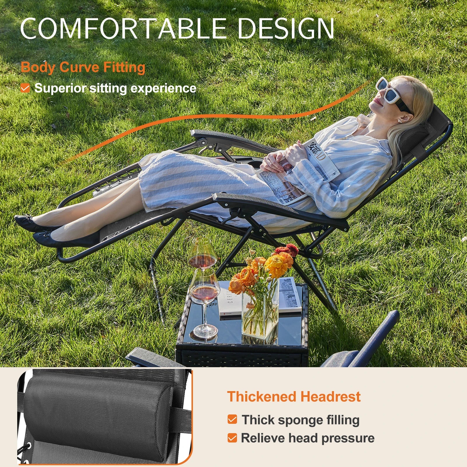 Set of 2 Zero Gravity Recliner Chair – Folding Portable Lounge for Camping, Patio & Outdoor Garden with Cup Holder Tray & Removable Cushion