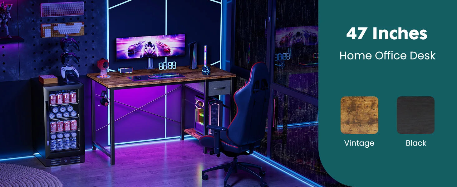 47IN Computer Desk with 2 Drawers For Study Office Gaming Wood Table with Adjustable Position Drawers Modern Work Table