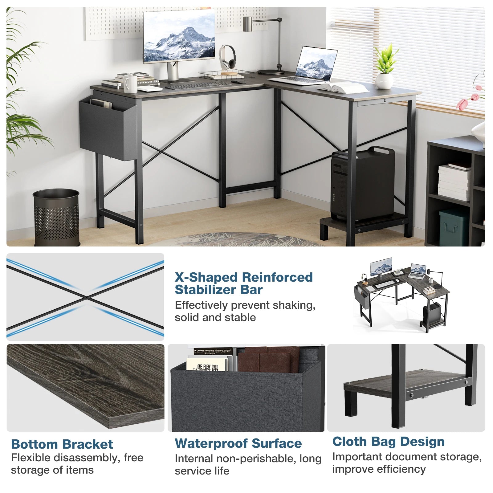 Gaming Corner 50 Inch Office Writing PC Wooden Table with CPU Storage Shelf & Side Bag for Home Office Bedroom