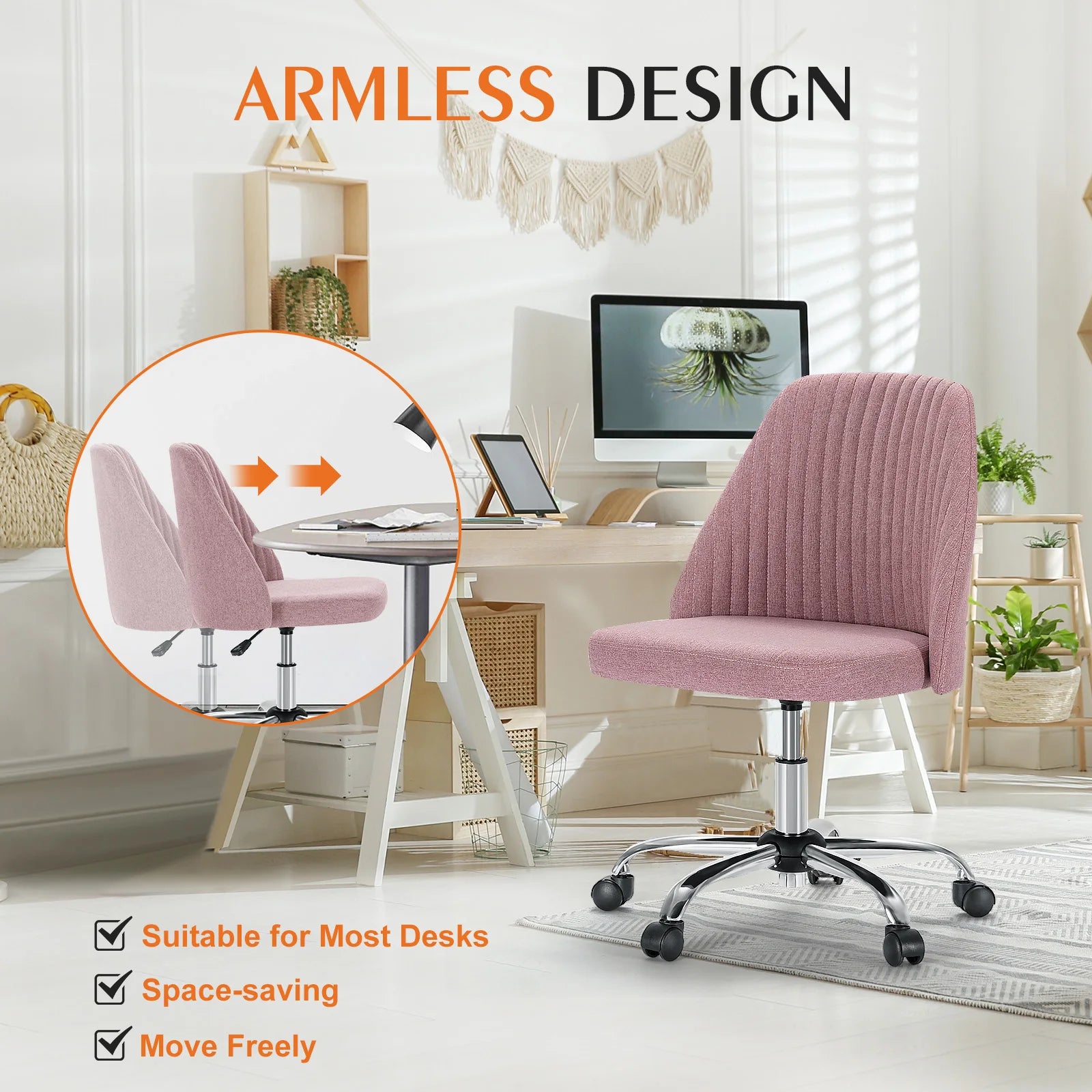 Armless Small Desk Office Chair Cute Vanity Swivel Chair with Back Modern Fabric with Wheels Swivel Task Home Gaming Chair