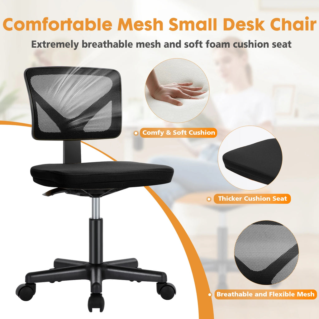 Mesh with Lumbar Support Armless Office Chair Low Back with Wheels Adjustable Height 360° Rolling Swivel Computer Chair