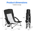 Portable Lightweight Low Camping Beach Chair Mesh Back Padded Armrests Folding Beach Chair with Cup Holder Storage Pocket for Camp Picnic Lawn