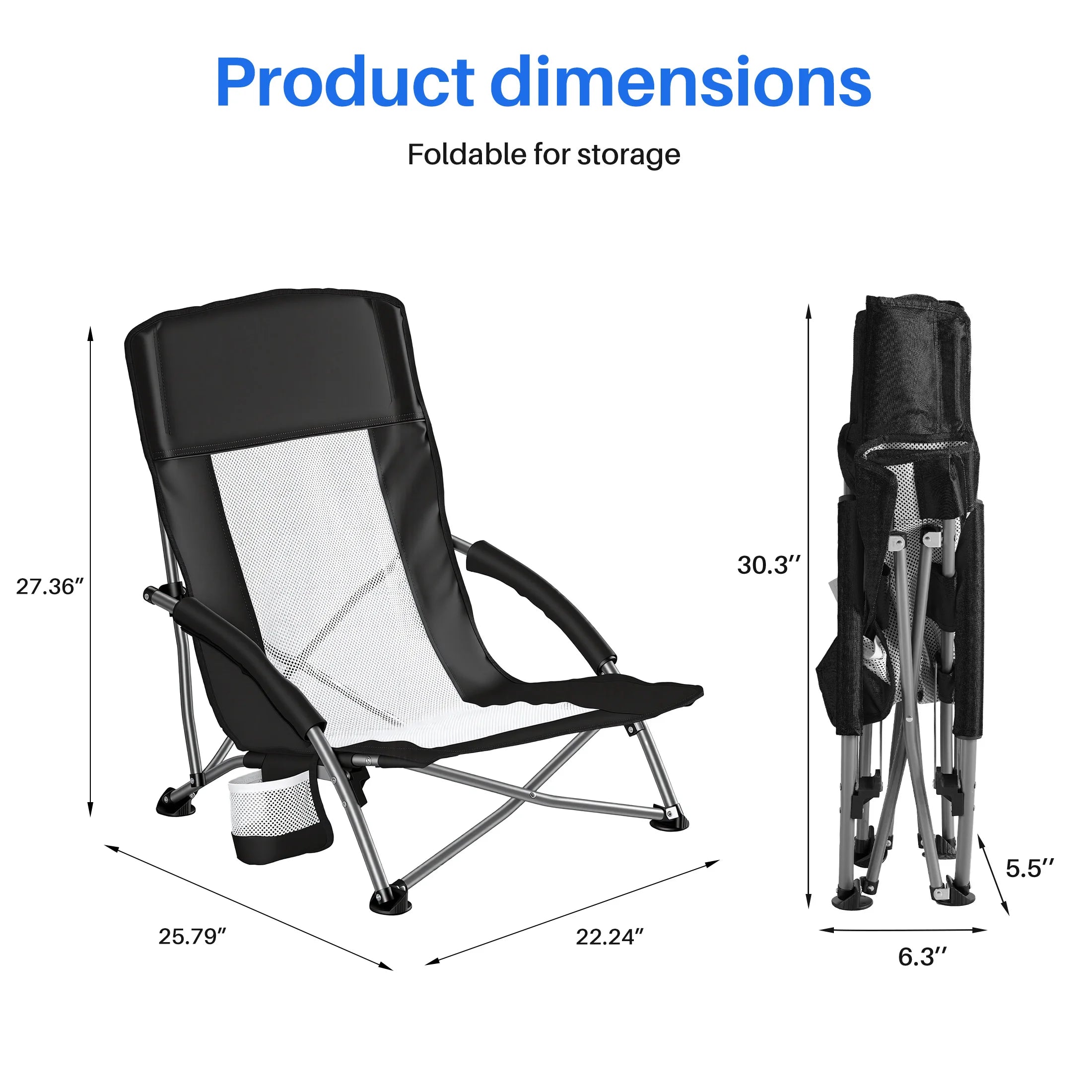 Portable Lightweight Low Camping Beach Chair Mesh Back Padded Armrests Folding Beach Chair with Cup Holder Storage Pocket for Camp Picnic Lawn