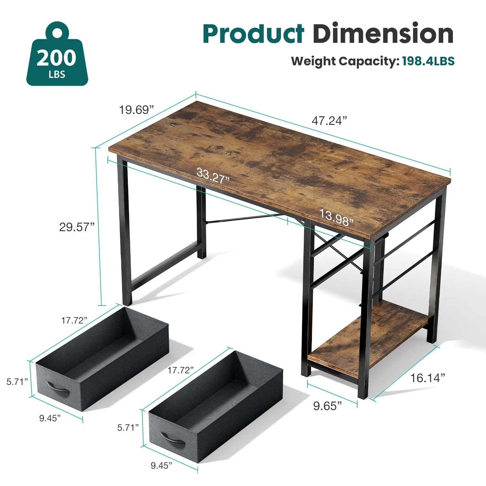 47IN Computer Desk with 2 Drawers For Study Office Gaming Wood Table with Adjustable Position Drawers Modern Work Table