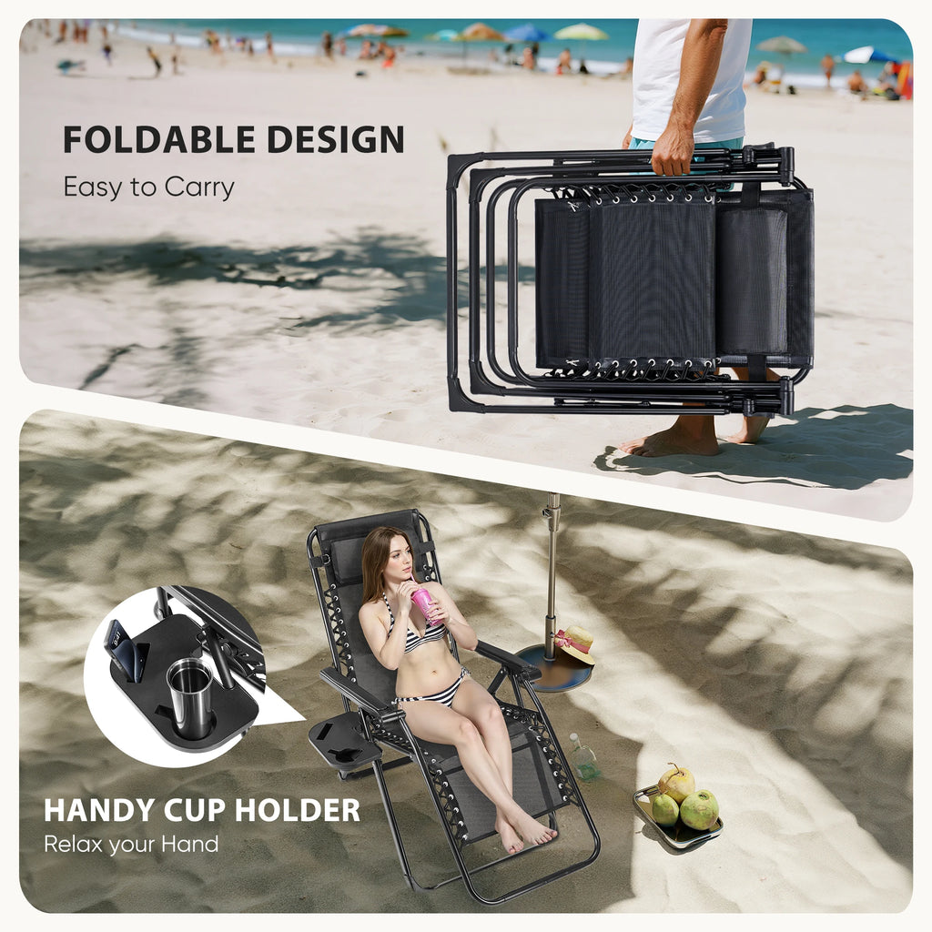 Set of 2 Zero Gravity Recliner Chair – Folding Portable Lounge for Camping, Patio & Outdoor Garden with Cup Holder Tray & Removable Cushion
