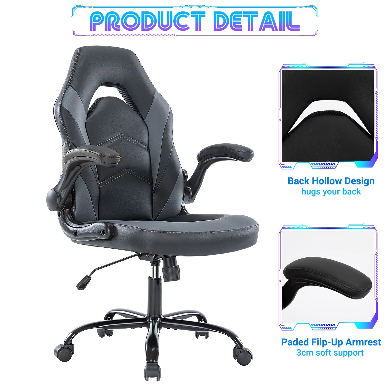 Ergonomic Office Computer Home Gaming Desk Chair Adjustable PU Leather Racing Chair Flip-up Armrest