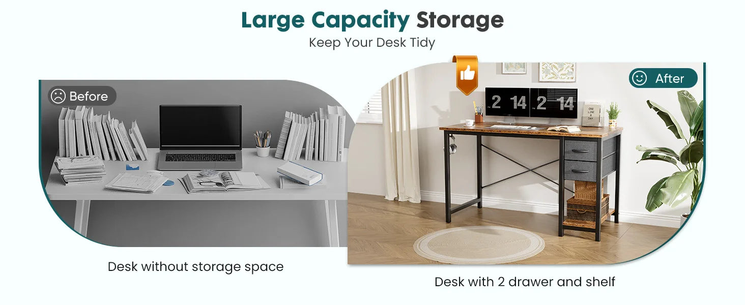 47IN Computer Desk with 2 Drawers For Study Office Gaming Wood Table with Adjustable Position Drawers Modern Work Table