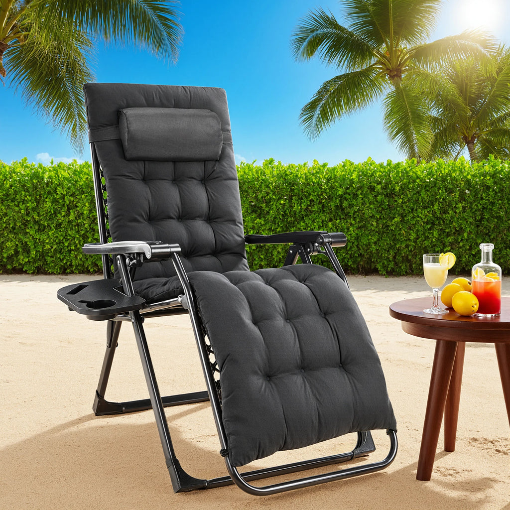 Zero Gravity Recliner Chair – Folding Portable Lounge for Camping, Patio & Outdoor Garden with Cup Holder Tray & Removable Cushion