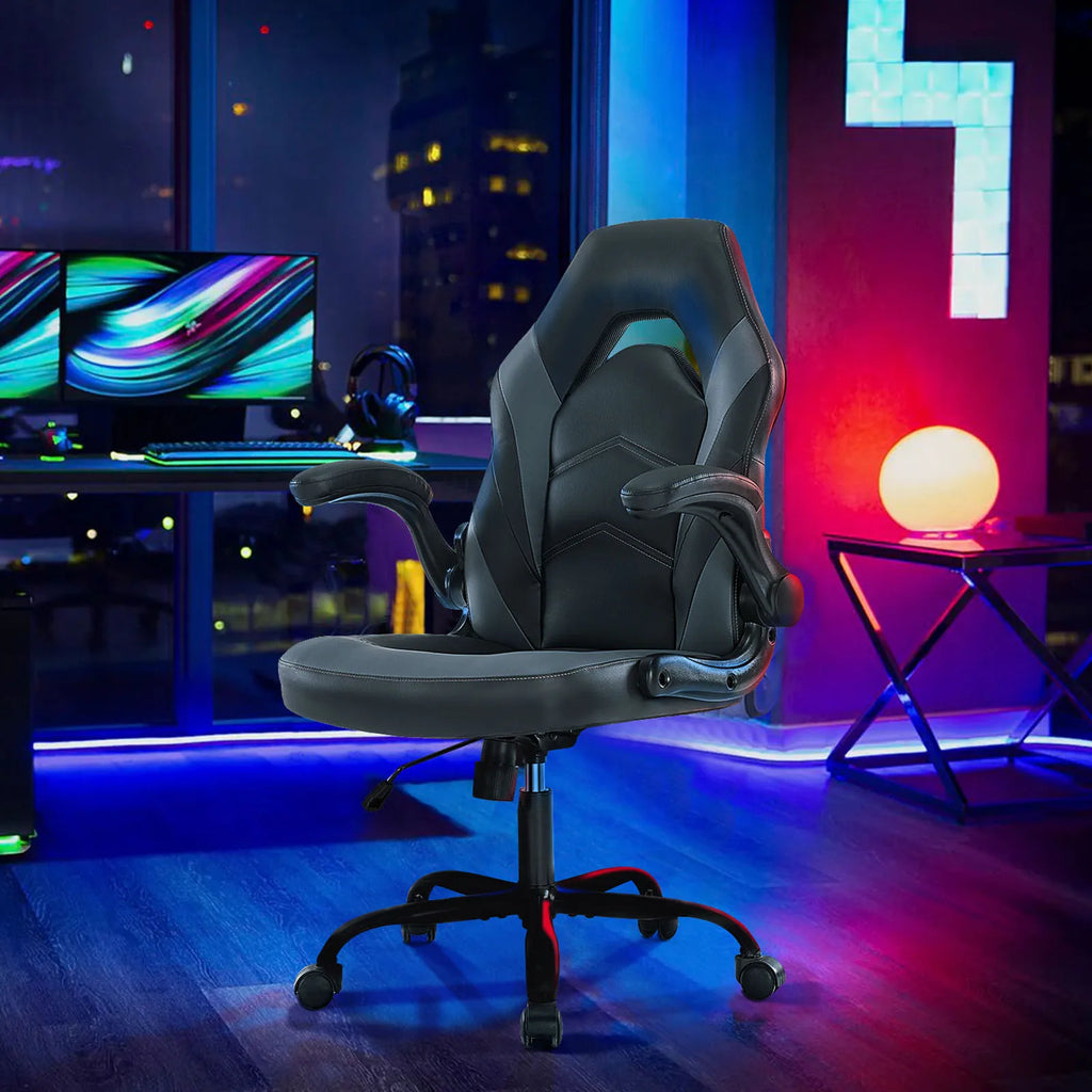 Ergonomic Office Computer Home Gaming Desk Chair Adjustable PU Leather Racing Chair Flip-up Armrest