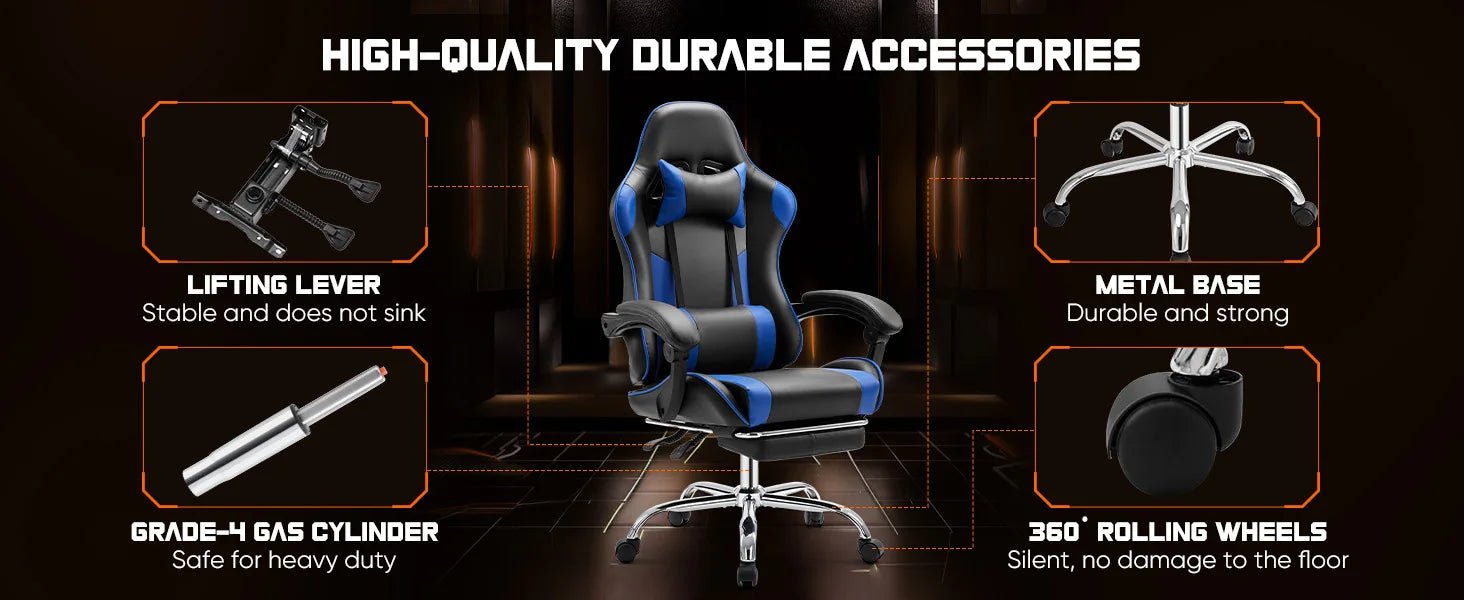 Ergonomic Racing Gaming Chair Adjustable Swivel PU Leather with Headrest and Lumbar Support For Office Computer Living Room